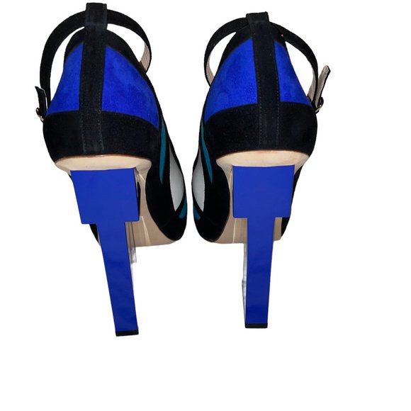 New Aperlai Geisha Mondrian Blue Suede Platform Heels Pumps Sz 38.5 Designer - Picture 6 of 13